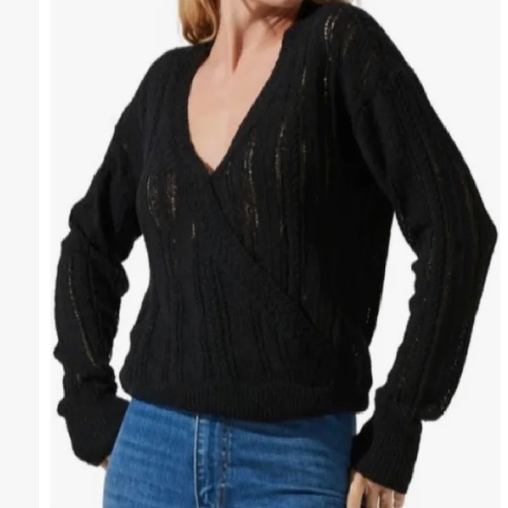 NWT Astr The Label Black Pointelle Faux Wrap Sweater Sz S